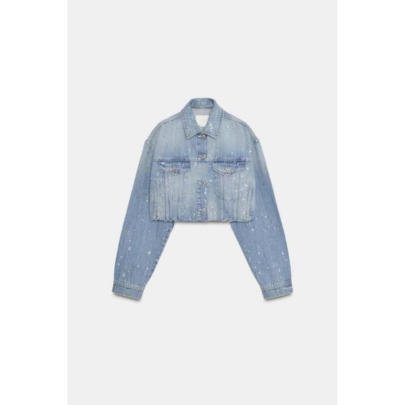 ZARA TRF STRASS CROP DENIM JACKET - Picture 7 of 9